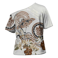 Polynesian Manta Ray Cross Shoulder Shirt Beige Floral Turtle Tattoo LT9 - Polynesian Pride