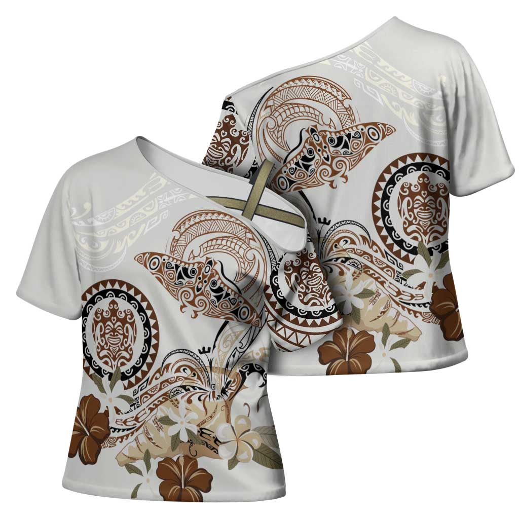 Polynesian Manta Ray Cross Shoulder Shirt Beige Floral Turtle Tattoo LT9 - Polynesian Pride