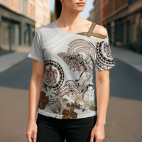 Polynesian Manta Ray Cross Shoulder Shirt Beige Floral Turtle Tattoo LT9 - Polynesian Pride