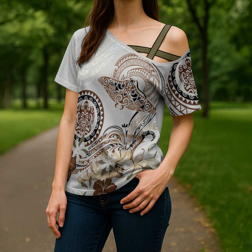 Polynesian Manta Ray Cross Shoulder Shirt Beige Floral Turtle Tattoo LT9 - Polynesian Pride