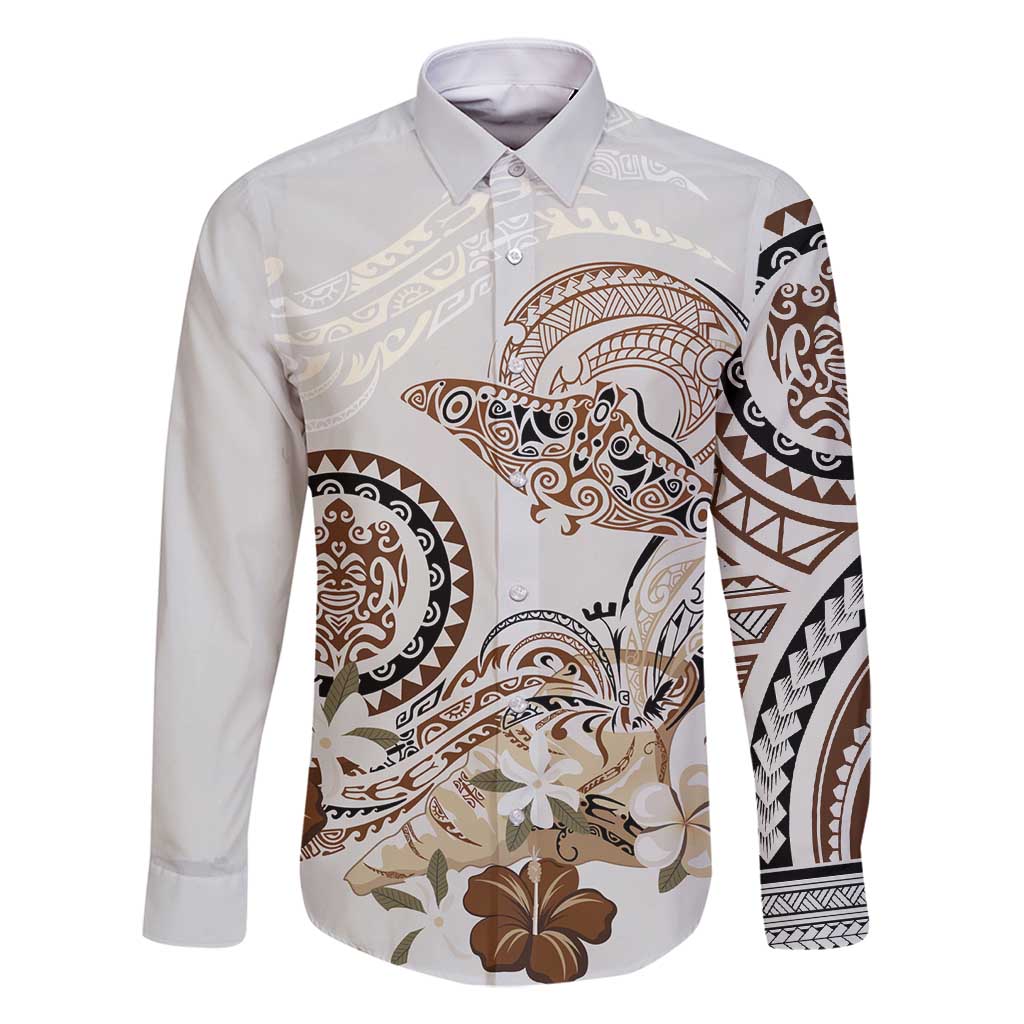 Polynesian Manta Ray Family Matching Long Sleeve Bodycon Dress and Hawaiian Shirt Beige Floral Turtle Tattoo - Polynesian Pride