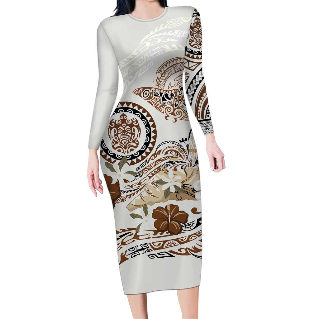 Polynesian Manta Ray Family Matching Long Sleeve Bodycon Dress and Hawaiian Shirt Beige Floral Turtle Tattoo - Polynesian Pride