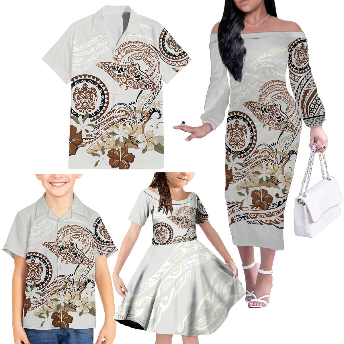 Polynesian Manta Ray Family Matching Off The Shoulder Long Sleeve Dress and Hawaiian Shirt Beige Floral Turtle Tattoo - Polynesian Pride
