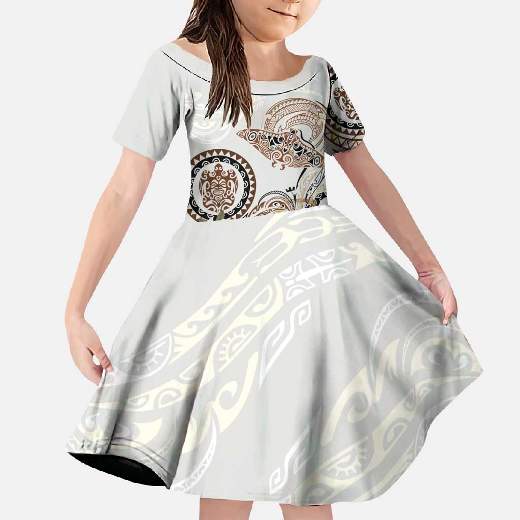 Polynesian Manta Ray Family Matching Off Shoulder Maxi Dress and Hawaiian Shirt Beige Floral Turtle Tattoo - Polynesian Pride