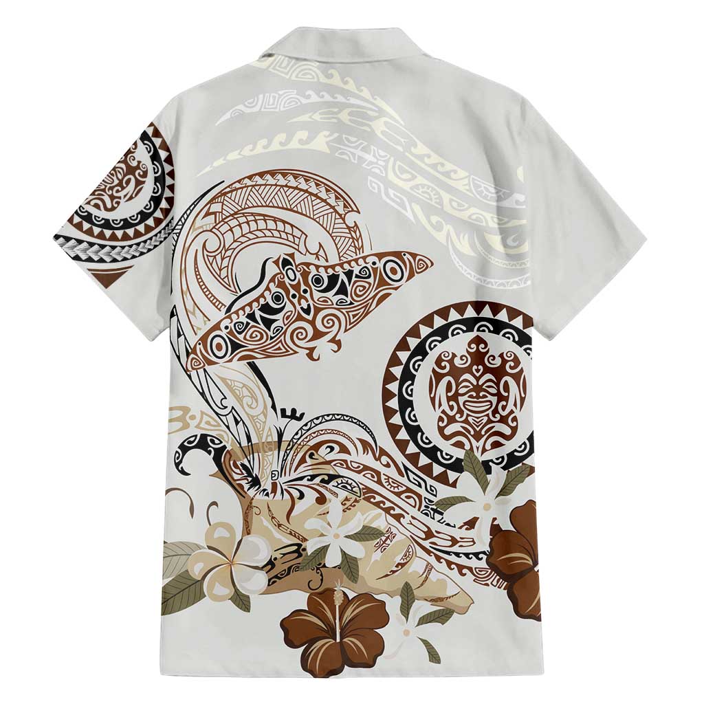 Polynesian Manta Ray Family Matching Off Shoulder Maxi Dress and Hawaiian Shirt Beige Floral Turtle Tattoo - Polynesian Pride