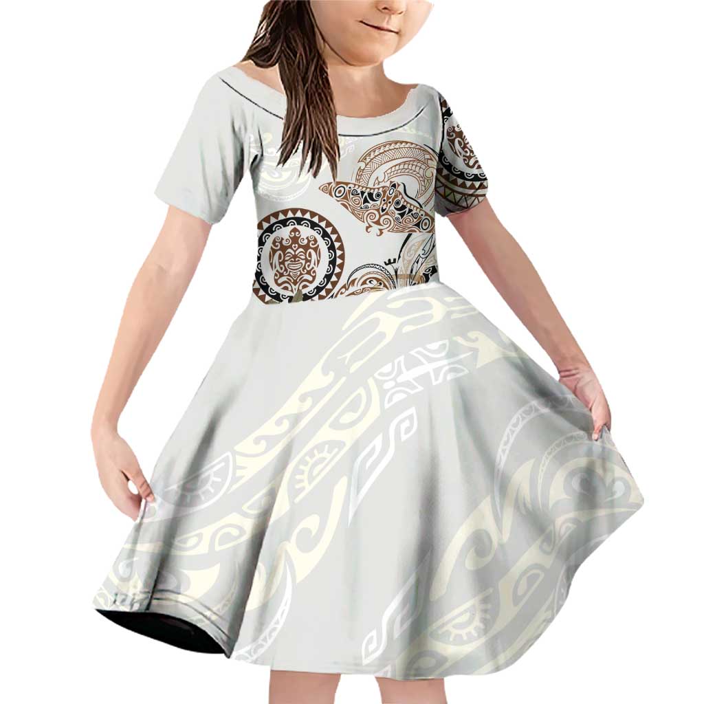 Polynesian Manta Ray Family Matching Off Shoulder Short Dress and Hawaiian Shirt Beige Floral Turtle Tattoo - Polynesian Pride