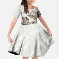 Polynesian Manta Ray Family Matching Puletasi and Hawaiian Shirt Beige Floral Turtle Tattoo LT9 Daughter's Dress Beige - Polynesian Pride
