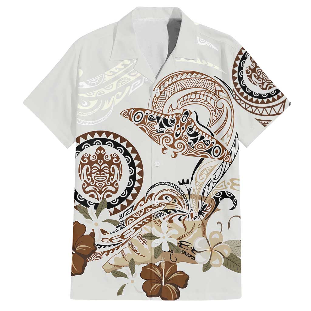 Polynesian Manta Ray Family Matching Puletasi and Hawaiian Shirt Beige Floral Turtle Tattoo LT9 Dad's Shirt - Short Sleeve Beige - Polynesian Pride