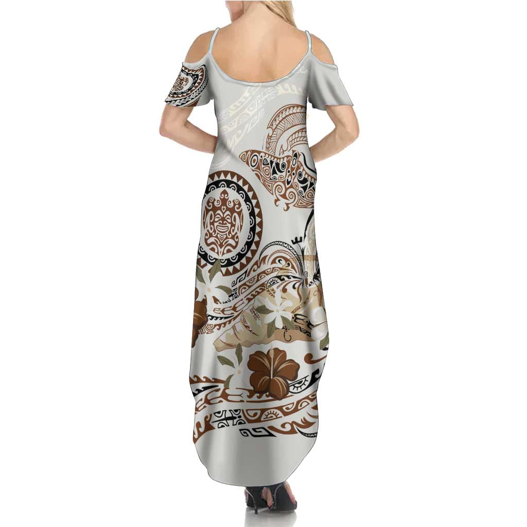 Polynesian Manta Ray Family Matching Summer Maxi Dress and Hawaiian Shirt Beige Floral Turtle Tattoo - Polynesian Pride