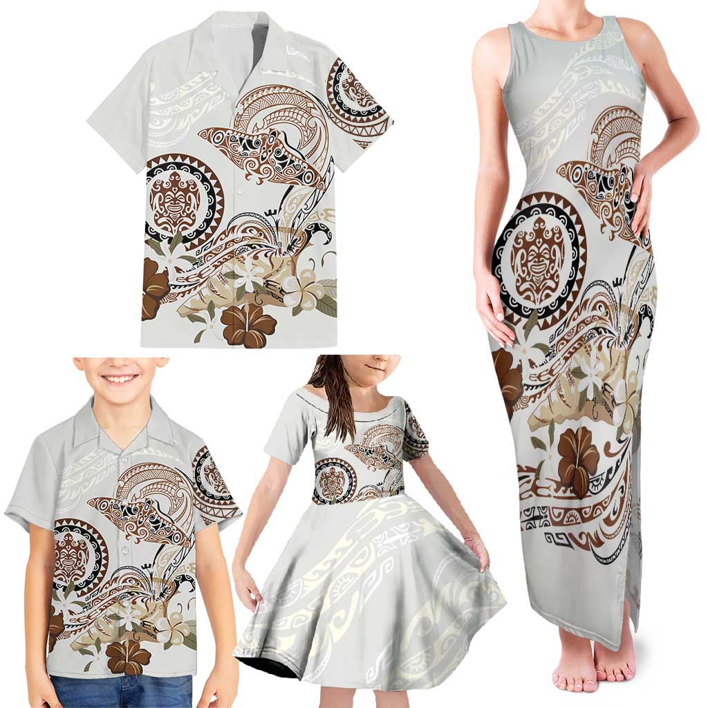 Polynesian Manta Ray Family Matching Tank Maxi Dress and Hawaiian Shirt Beige Floral Turtle Tattoo - Polynesian Pride
