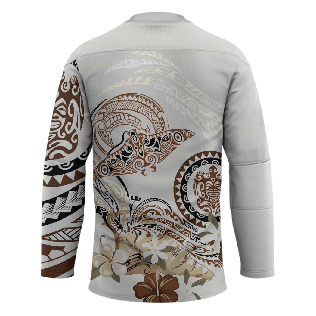 Polynesian Manta Ray Hockey Jersey Beige Floral Turtle Tattoo LT9 - Polynesian Pride