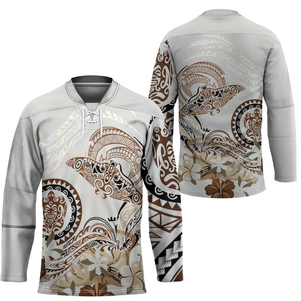 Polynesian Manta Ray Hockey Jersey Beige Floral Turtle Tattoo LT9 - Polynesian Pride