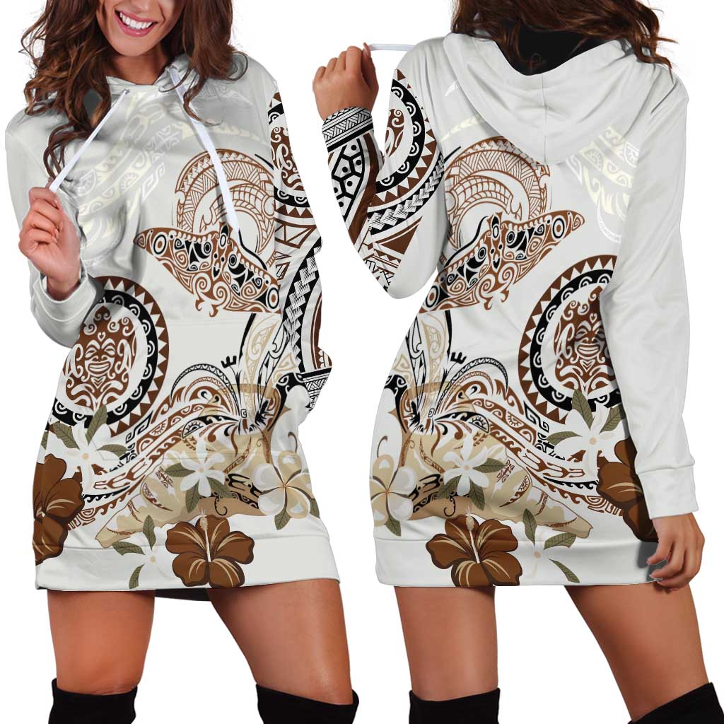Polynesian Manta Ray Hoodie Dress Beige Floral Turtle Tattoo - Polynesian Pride