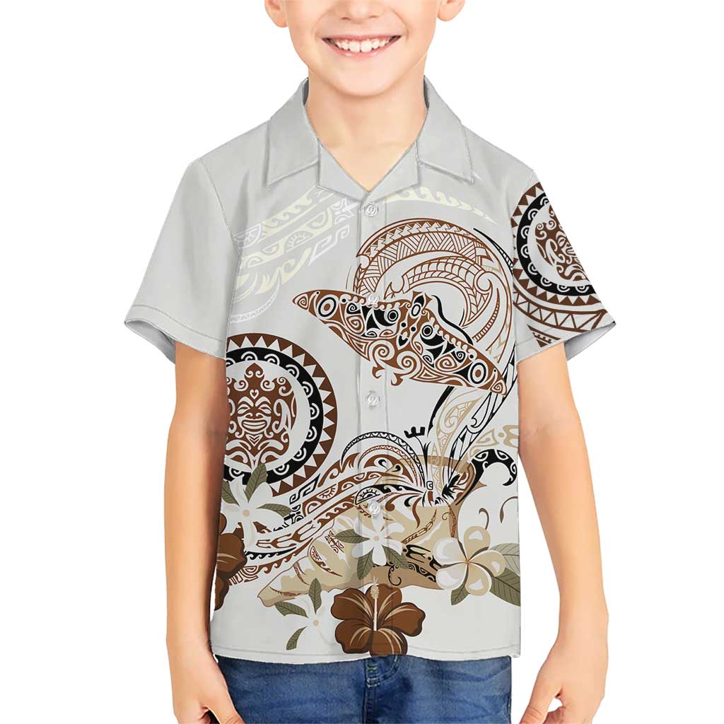 Polynesian Manta Ray Kid Hawaiian Shirt Beige Floral Turtle Tattoo - Polynesian Pride