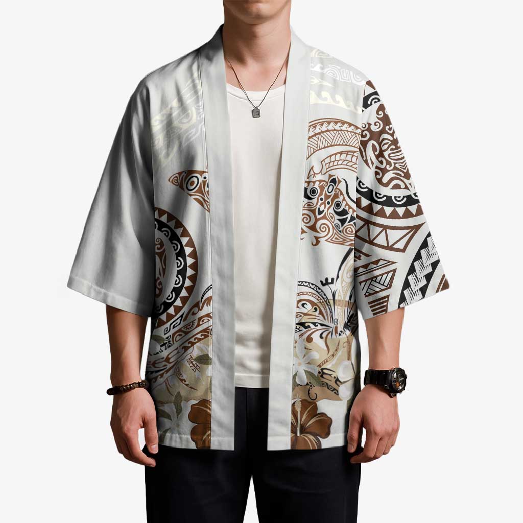 Polynesian Manta Ray Kimono Beige Floral Turtle Tattoo - Polynesian Pride