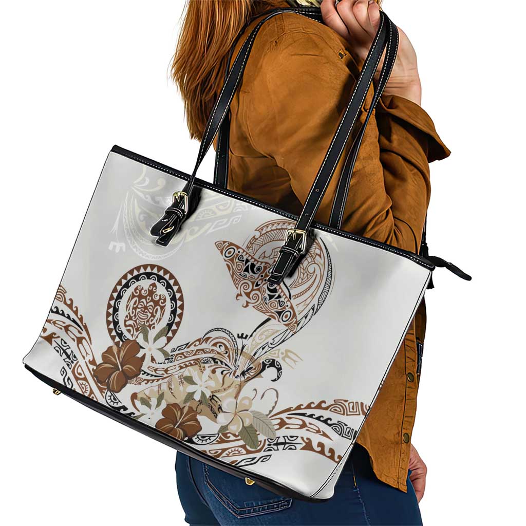 Polynesian Manta Ray Leather Tote Bag Beige Floral Turtle Tattoo - Polynesian Pride
