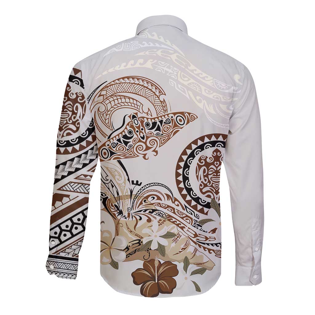 Polynesian Manta Ray Long Sleeve Button Shirt Beige Floral Turtle Tattoo LT9 - Polynesian Pride