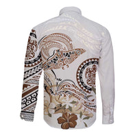 Polynesian Manta Ray Long Sleeve Button Shirt Beige Floral Turtle Tattoo LT9 - Polynesian Pride