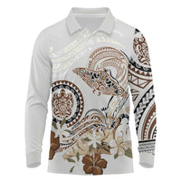 Polynesian Manta Ray Long Sleeve Polo Shirt Beige Floral Turtle Tattoo LT9 Beige - Polynesian Pride