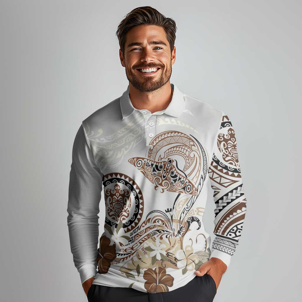 Polynesian Manta Ray Long Sleeve Polo Shirt Beige Floral Turtle Tattoo LT9 - Polynesian Pride