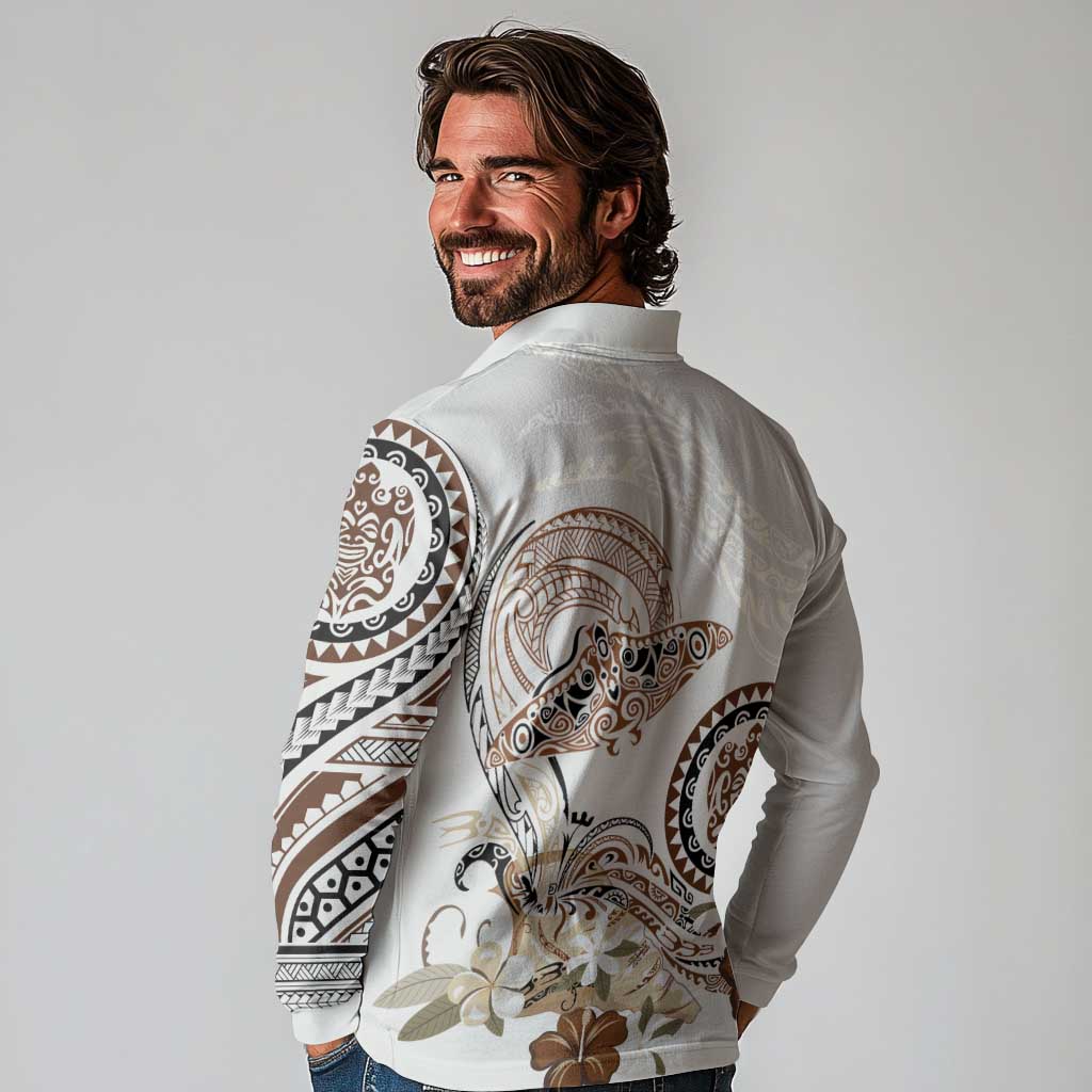 Polynesian Manta Ray Long Sleeve Polo Shirt Beige Floral Turtle Tattoo LT9 - Polynesian Pride