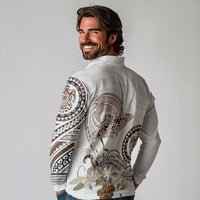 Polynesian Manta Ray Long Sleeve Polo Shirt Beige Floral Turtle Tattoo LT9 - Polynesian Pride