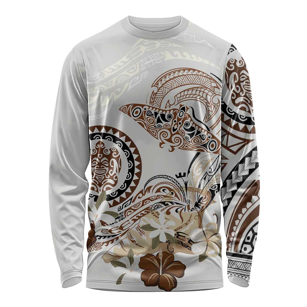 Polynesian Manta Ray Long Sleeve Shirt Beige Floral Turtle Tattoo LT9 Unisex Beige - Polynesian Pride