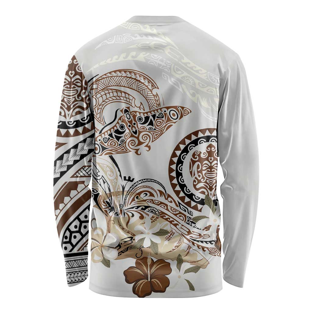 Polynesian Manta Ray Long Sleeve Shirt Beige Floral Turtle Tattoo LT9 - Polynesian Pride