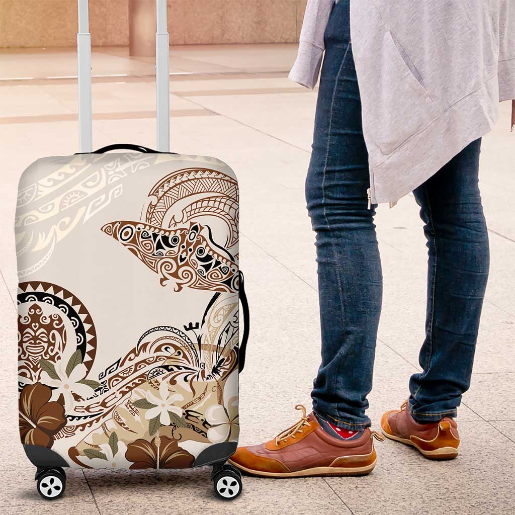 Polynesian Manta Ray Luggage Cover Beige Floral Turtle Tattoo - Polynesian Pride