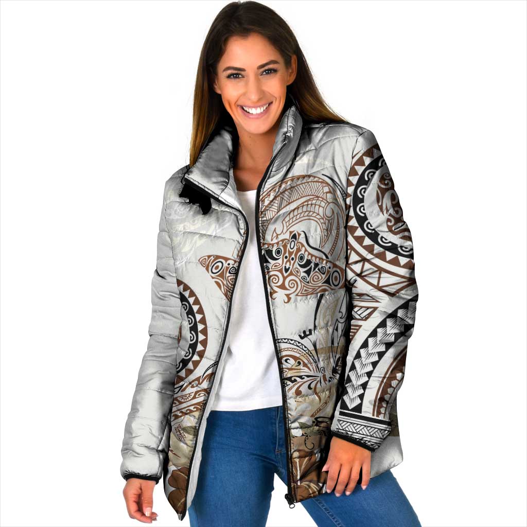 Polynesian Manta Ray Padded Jacket Beige Floral Turtle Tattoo LT9 Women Beige - Polynesian Pride