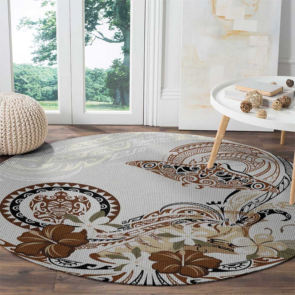 Polynesian Manta Ray Round Carpet Beige Floral Turtle Tattoo - Polynesian Pride