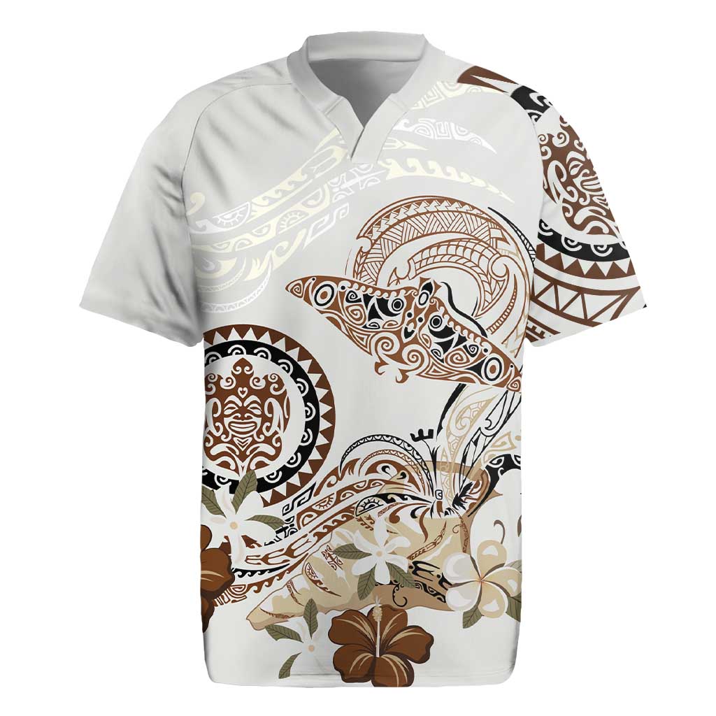 Polynesian Manta Ray Rugby Jersey Beige Floral Turtle Tattoo LT9 Beige - Polynesian Pride
