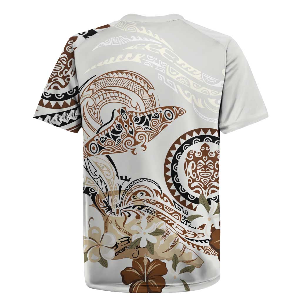 Polynesian Manta Ray Rugby Jersey Beige Floral Turtle Tattoo LT9 - Polynesian Pride