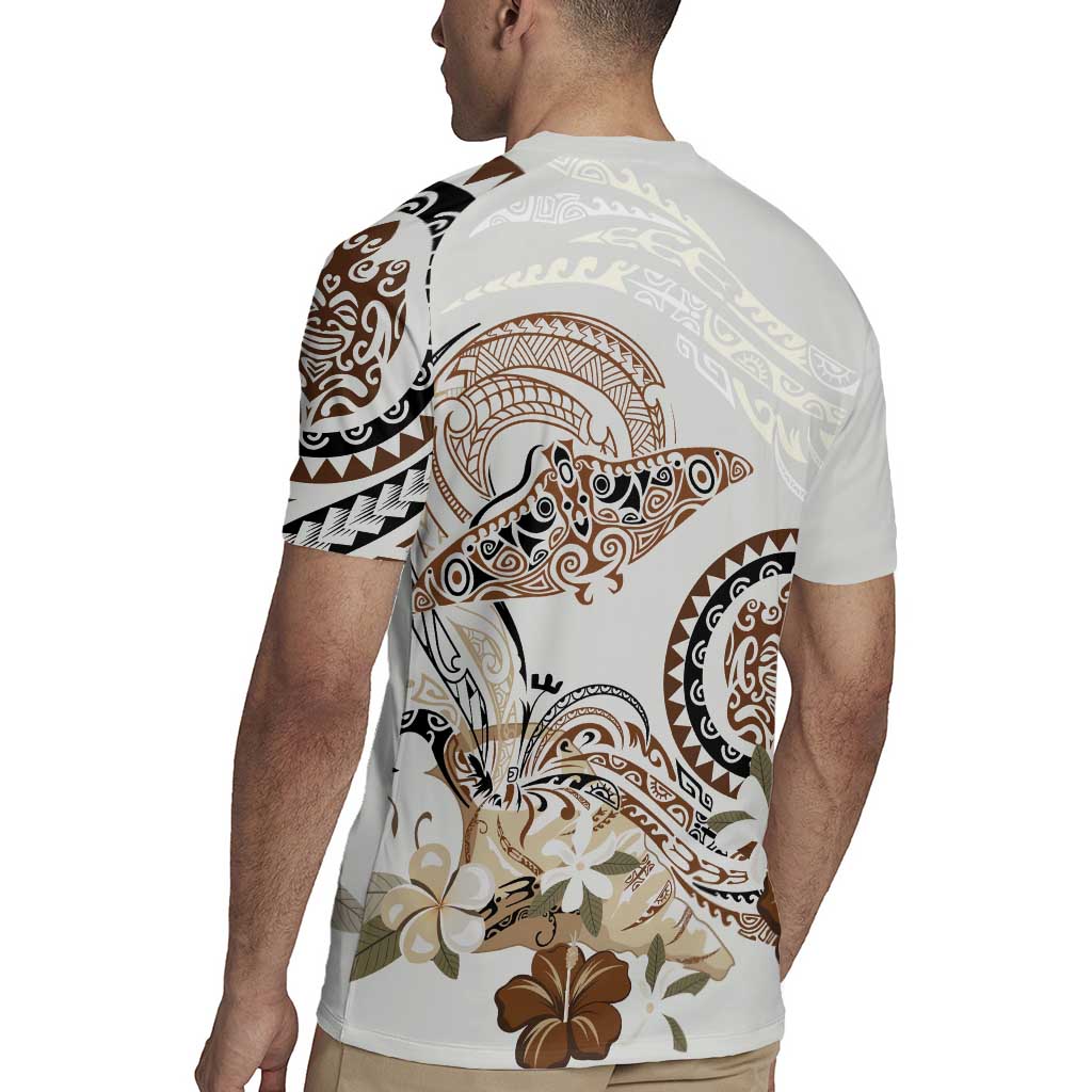 Polynesian Manta Ray Rugby Jersey Beige Floral Turtle Tattoo LT9 - Polynesian Pride