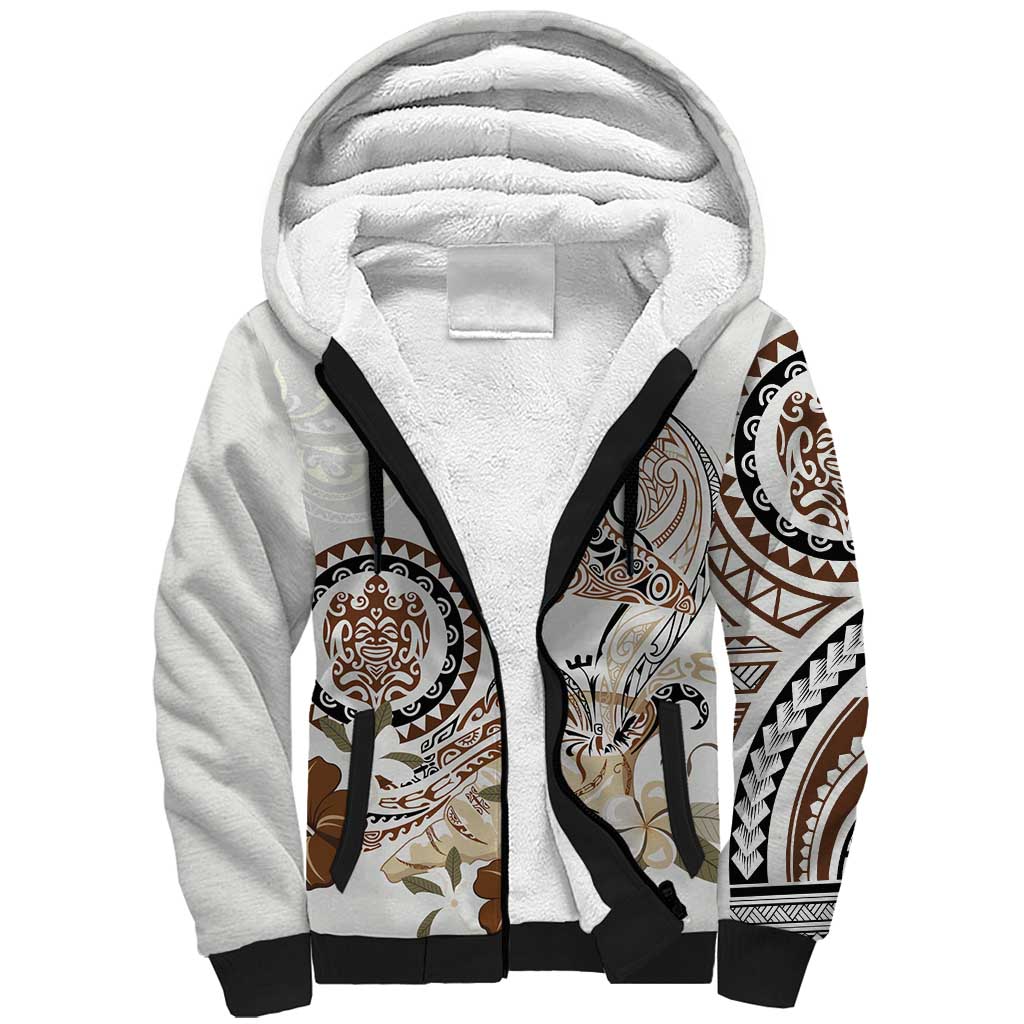 Polynesian Manta Ray Sherpa Hoodie Beige Floral Turtle Tattoo LT9 Unisex Beige - Polynesian Pride