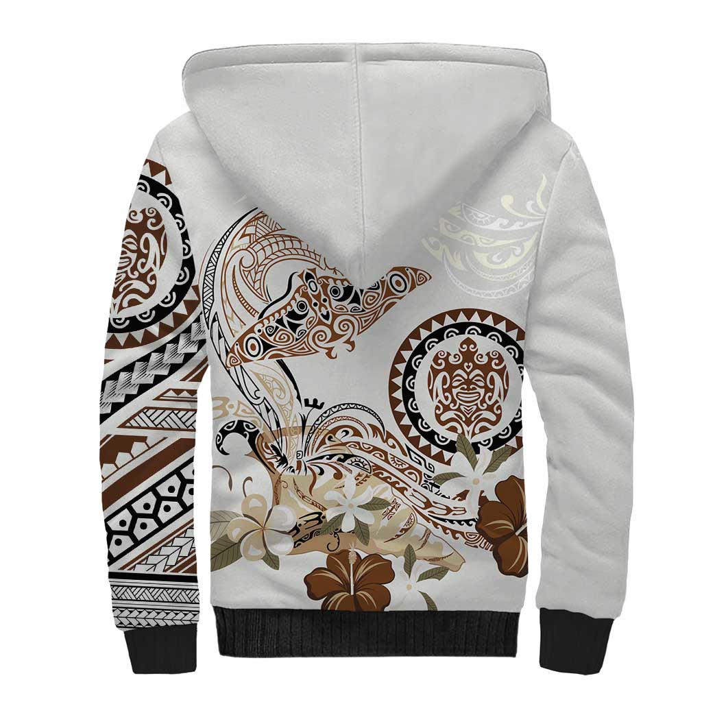 Polynesian Manta Ray Sherpa Hoodie Beige Floral Turtle Tattoo LT9 - Polynesian Pride