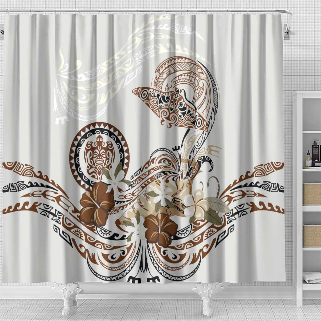 Polynesian Manta Ray Shower Curtain Beige Floral Turtle Tattoo - Polynesian Pride