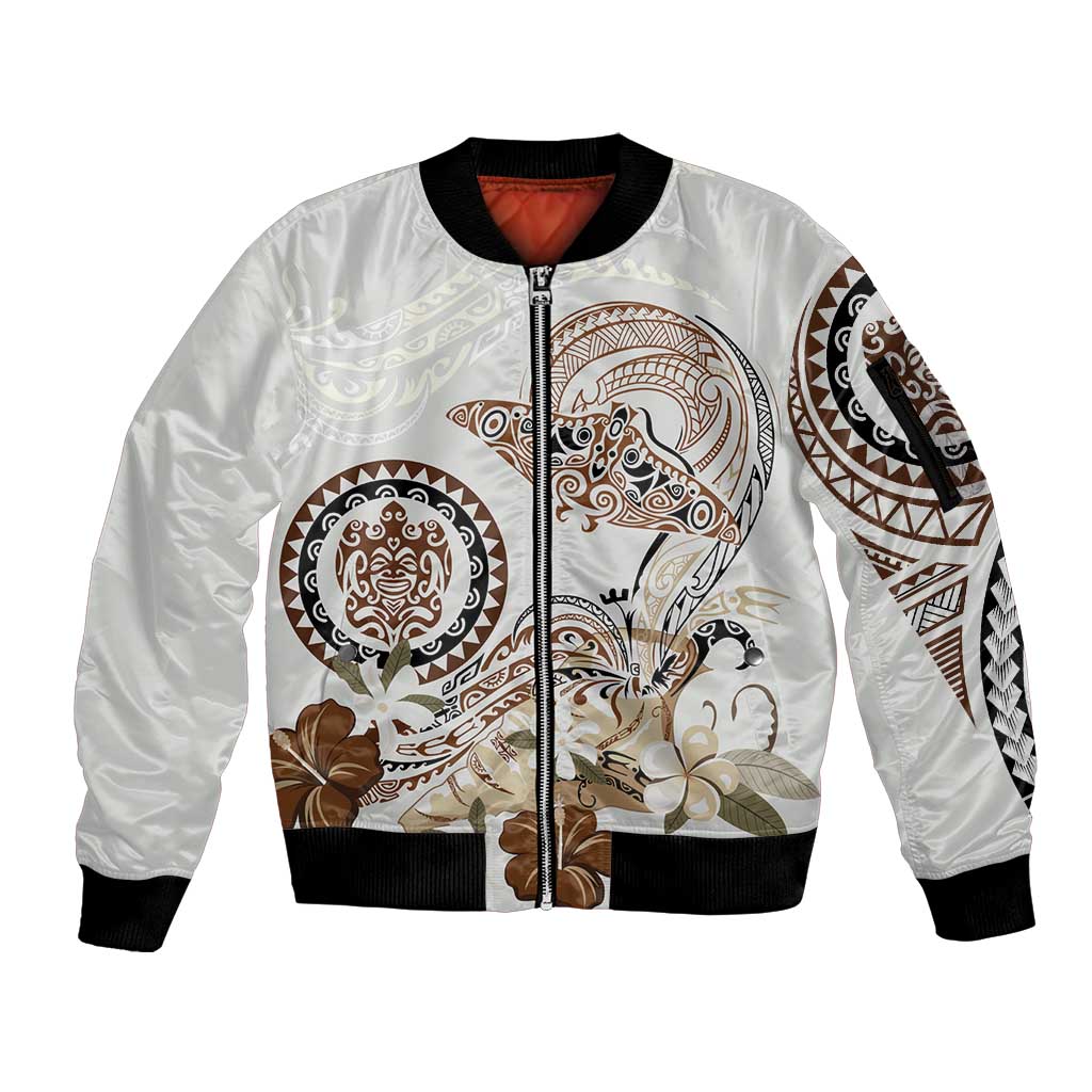 Polynesian Manta Ray Sleeve Zip Bomber Jacket Beige Floral Turtle Tattoo - Polynesian Pride