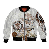 Polynesian Manta Ray Sleeve Zip Bomber Jacket Beige Floral Turtle Tattoo - Polynesian Pride
