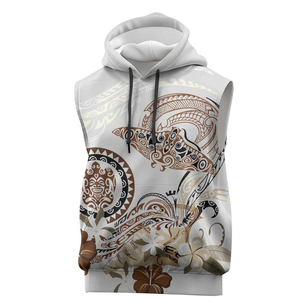 Polynesian Manta Ray Sleeveless Hoodie Beige Floral Turtle Tattoo LT9 Beige - Polynesian Pride