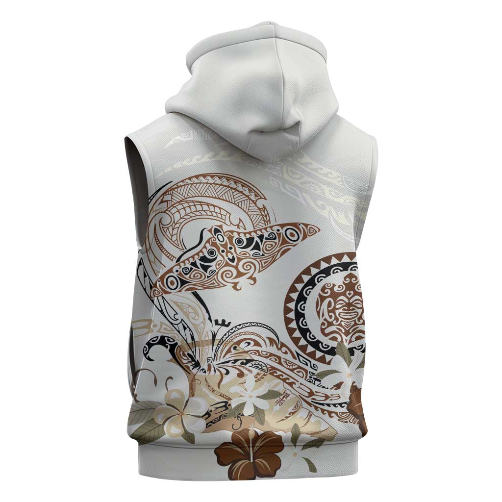Polynesian Manta Ray Sleeveless Hoodie Beige Floral Turtle Tattoo LT9 - Polynesian Pride
