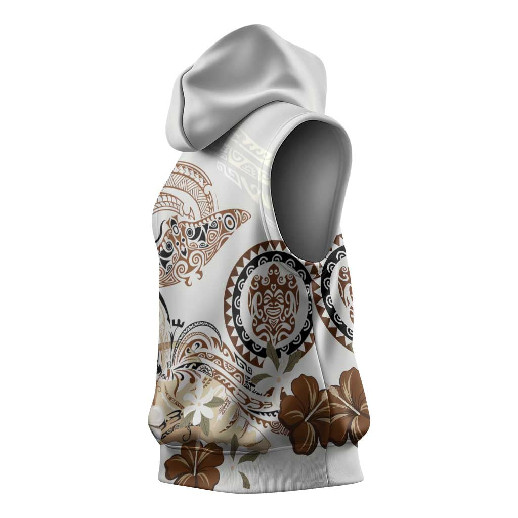 Polynesian Manta Ray Sleeveless Hoodie Beige Floral Turtle Tattoo LT9 - Polynesian Pride