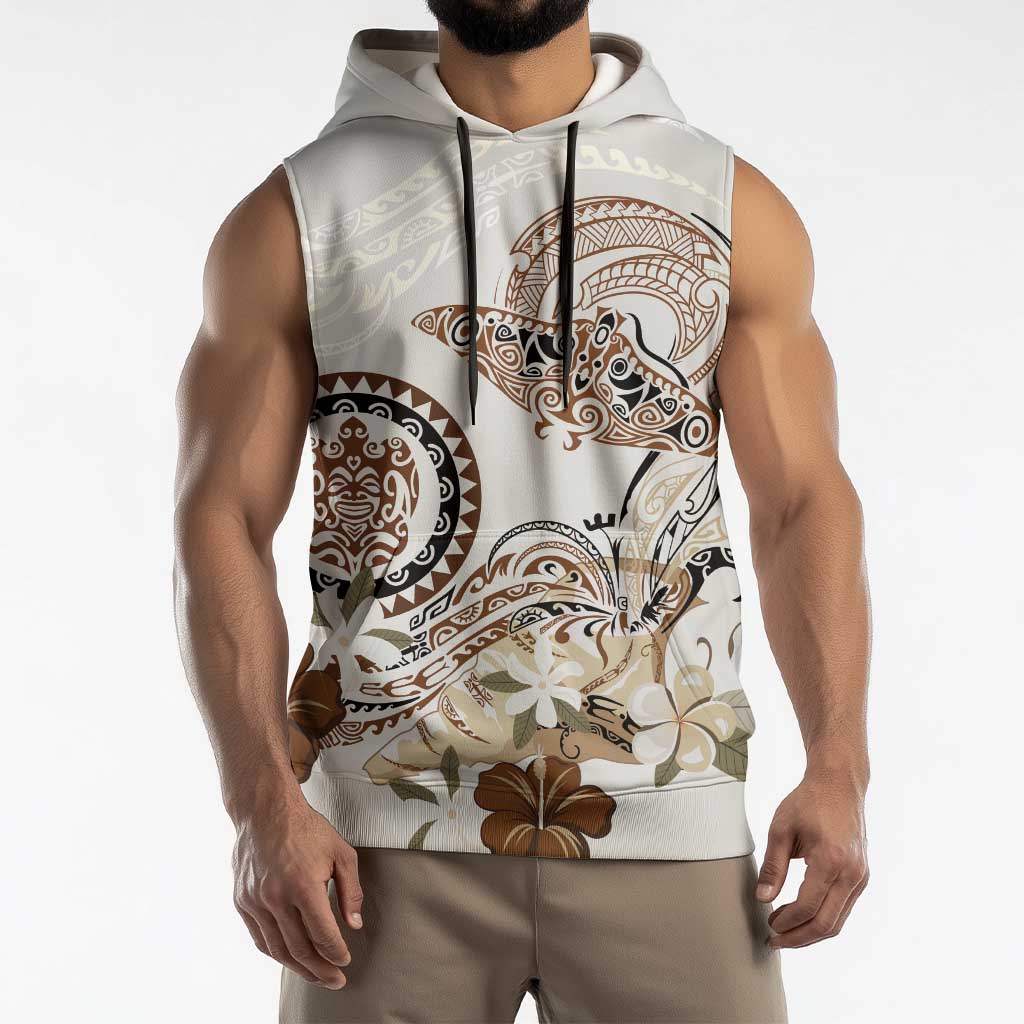 Polynesian Manta Ray Sleeveless Hoodie Beige Floral Turtle Tattoo LT9 - Polynesian Pride
