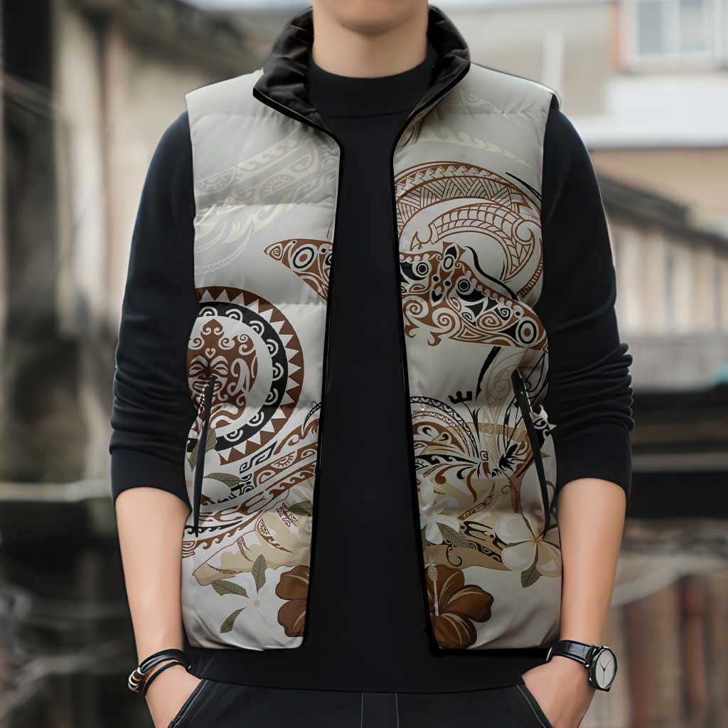 Polynesian Manta Ray Sleeveless Puffer Jacket Beige Floral Turtle Tattoo LT9 - Polynesian Pride