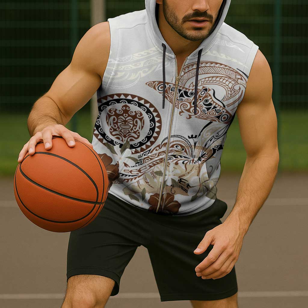 Polynesian Manta Ray Sleeveless Zip Hoodie Beige Floral Turtle Tattoo - Polynesian Pride