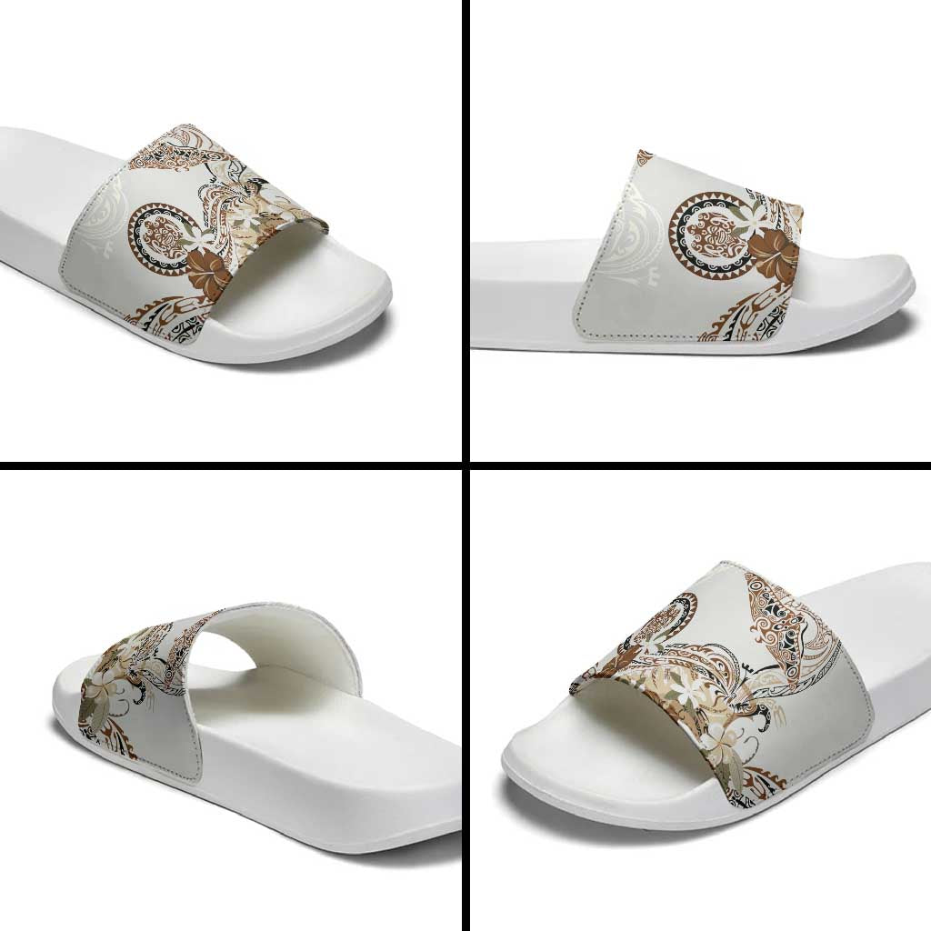 Polynesian Manta Ray Slide Sandals Beige Floral Turtle Tattoo - Polynesian Pride