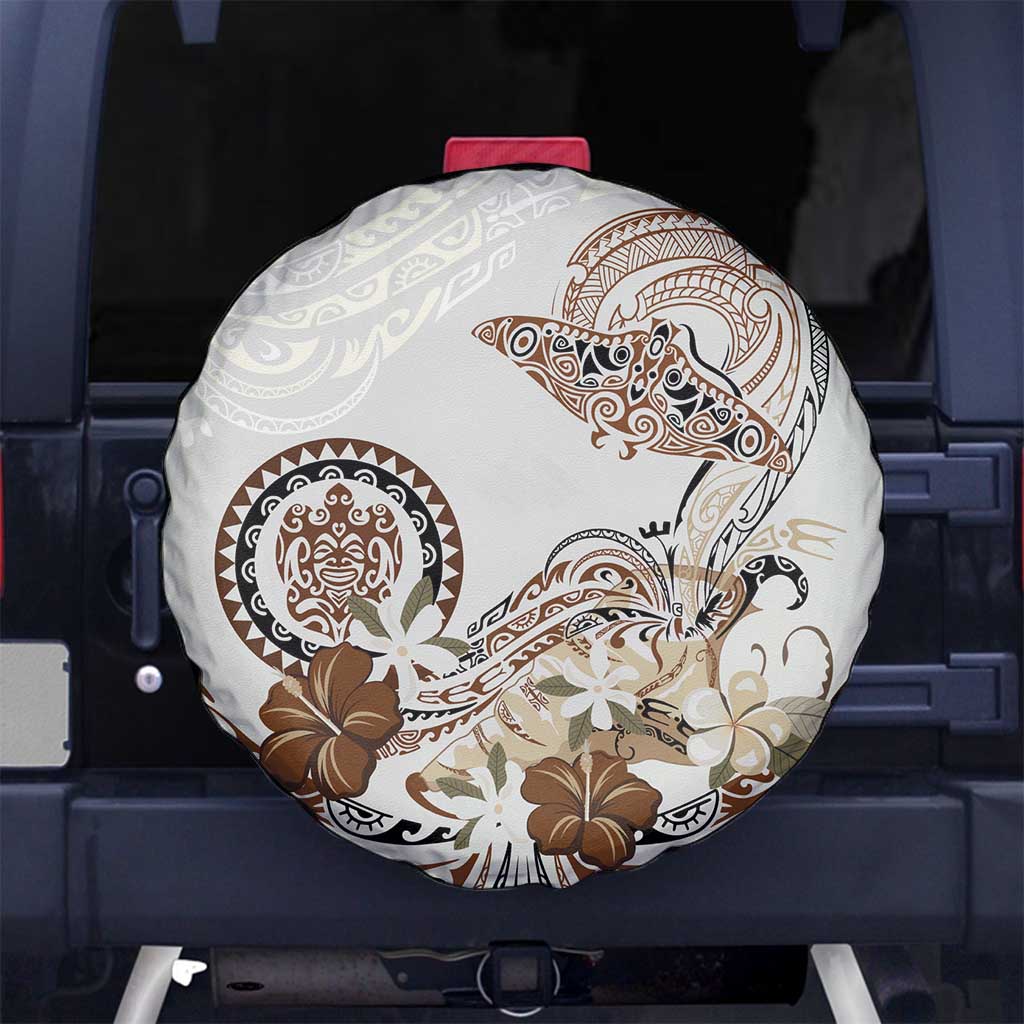 Polynesian Manta Ray Spare Tire Cover Beige Floral Turtle Tattoo - Polynesian Pride
