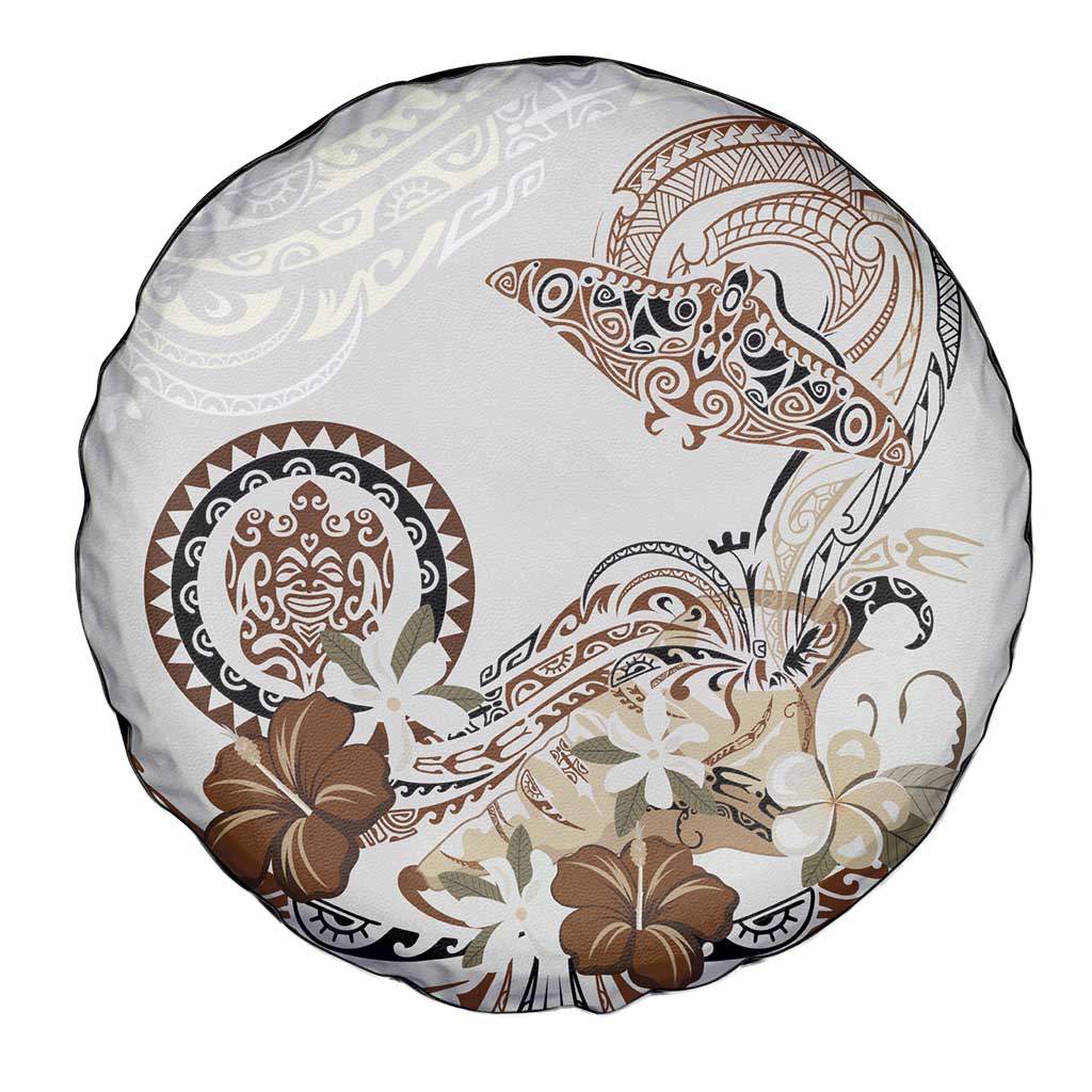 Polynesian Manta Ray Spare Tire Cover Beige Floral Turtle Tattoo - Polynesian Pride