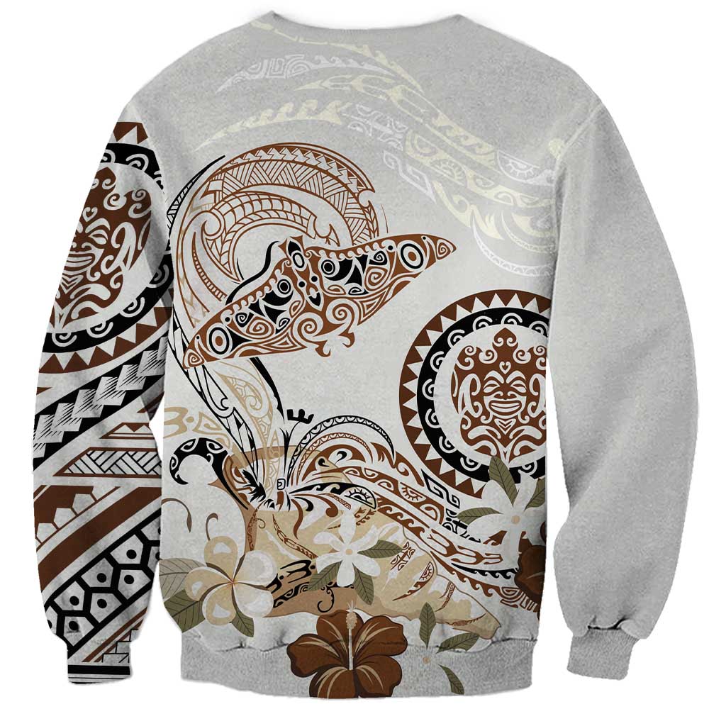 Polynesian Manta Ray Sweatshirt Beige Floral Turtle Tattoo LT9 - Polynesian Pride