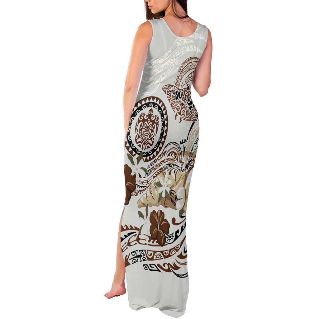 Polynesian Manta Ray Tank Maxi Dress Beige Floral Turtle Tattoo - Polynesian Pride